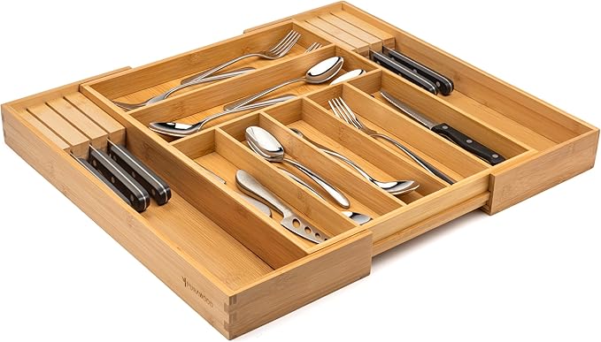Bamboo Drawer Organizer with Knife Blocks - Silverware Organizer & Utensil Drawer Organizer, Cutlery Tray with Dividers, 7-9 Slots- Premium Kitchen Organizer for Utensils & Flatware (Natural)