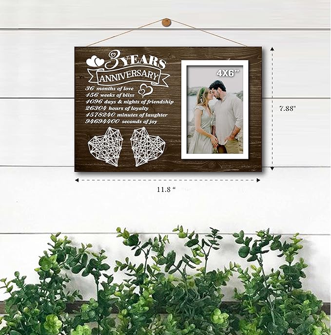 3 Years Anniversary for Her Him - 3rd Year Wedding Marriage Husband and Wife Picture Frame 4x6 Inches - 36 Months Couples Bedroom Decor with Photo