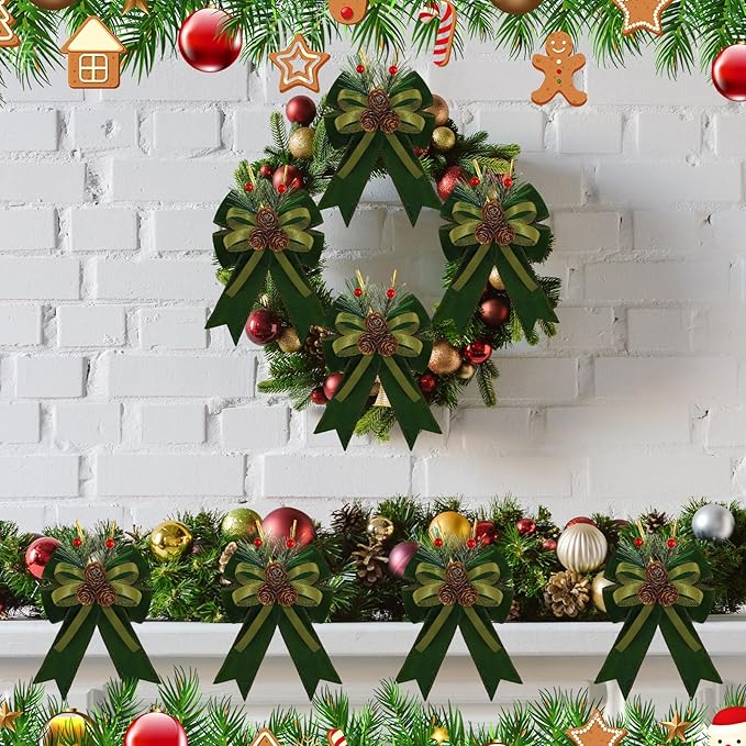 Syhood 6 Pcs Christmas Bows with Pine Cones Pine Needles Xmas Velvet Bows Sage Green Ribbon Christmas Tree Wreath Decoration for Xmas Parties Indoor Outdoor Crafts DIY Decor