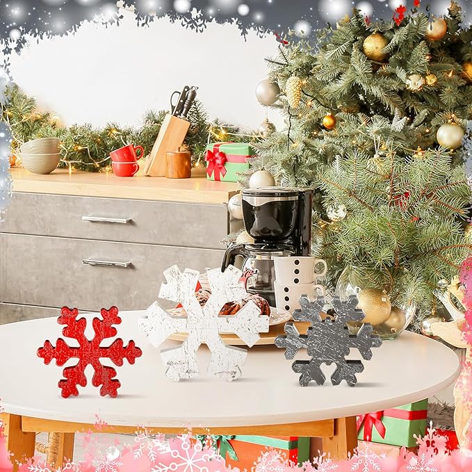 Bucherry 3 Pcs Winter Wooden Snowflake Decor Rustic Winter Snowflake Table Signs Wonderland Wood Blocks Farmhouse Christmas Tiered Tray Decorations for Xmas Table Shelf(Gray, Red, White)