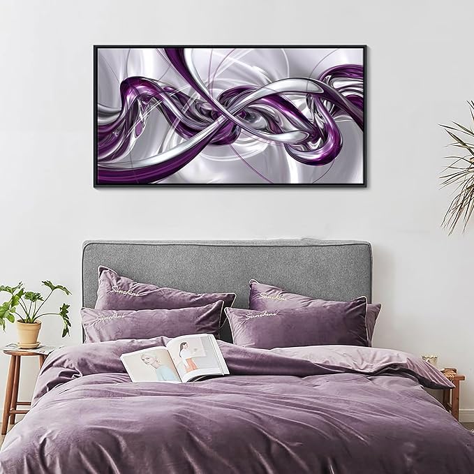 Pogusmavi Purple Wall Art - 3D Framed Canvas Abstract Art for Living Room, Modern Silver Wall Decor, Office Artwork, Bedroom Pictures, Contemporary Prints, Paintings for Wall Decorations 24×48IN