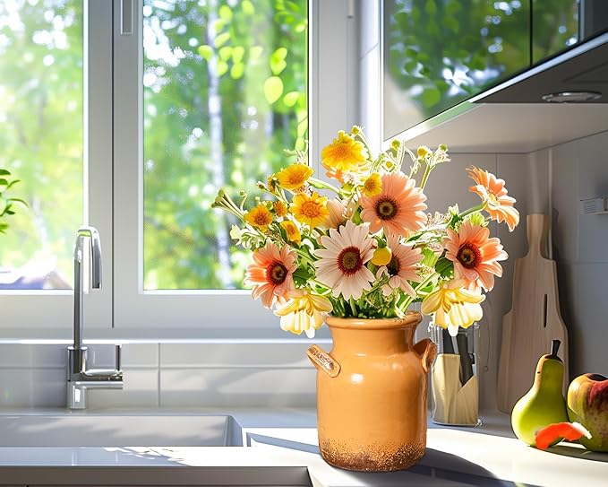 Quoowiit Ceramic Rustic Farmhouse Vase, Distressed Decorative Flower Vases for Home Decor, Ideal Shelf Decor, Yellow Boho Vase for Living Room Bedroom Kitchen Office Centerpiece Table Decorations