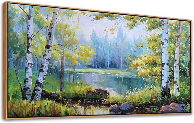 YCPRIMER Large Forest Wall Art Green Trees Picture for Living Room Landscape Birch Tree Painting Home Bedroom Decoration Green and White Framed Artwork Decor 29×58IN