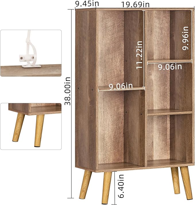 LEYAOYAO 5 Cube Small Bookshelf,3 Tier Mid-Century Bookcase with Legs,Wood Kids Bookshelves Storage Organizer Shelf,Free Standing Narrow Book Shelves,Oak Grey Corner Bookcases for Bedroom,Living Room