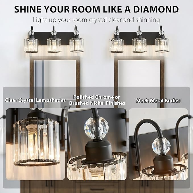 Bathroom Vanity Light Fixtures Over Mirror - Makeup Lighting Black - for Modern Wall, Bath, Desk, Farmhouse, Hallway (3 Crystal Lights)