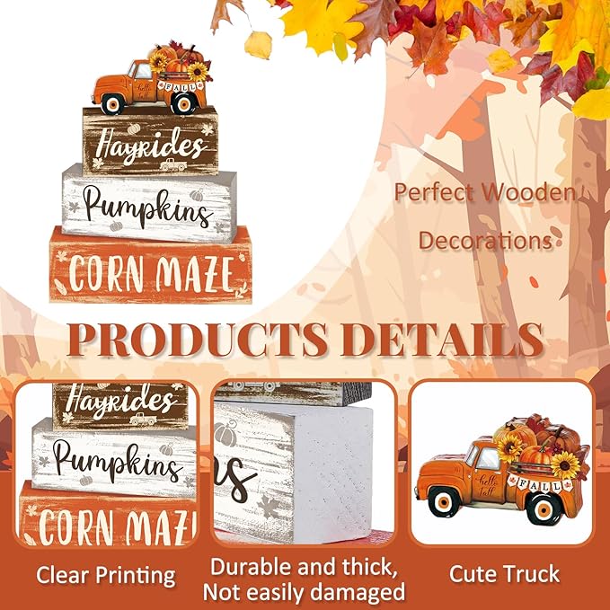 4 Pcs Fall Decor for Home Truck Pumpkin Wooden Signs with Sayings Autumn Thanksgiving Tiered Tray Decor Fall Hay Ride Tabletop Centerpiece Corn Maze Block Signs for Office Kitchen Shelf