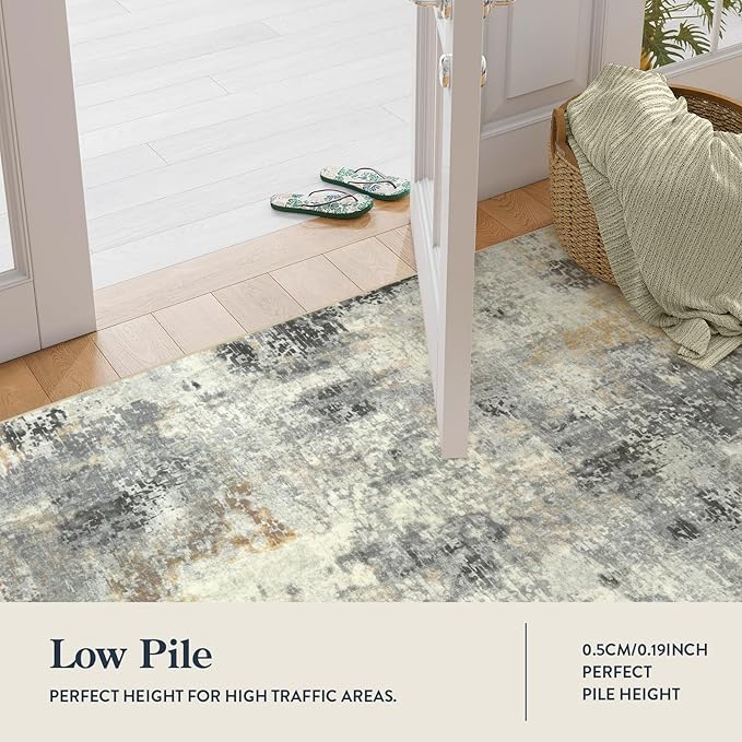 Lahome Modern Abstract Round Rug - 4Ft Grey Small Bathroom Rug Indoor 4x4 Circle Rugs Washable Kitchen Mat, Non Slip Contemporary Bedroom Carpet for Living Dining Room Office Nursery