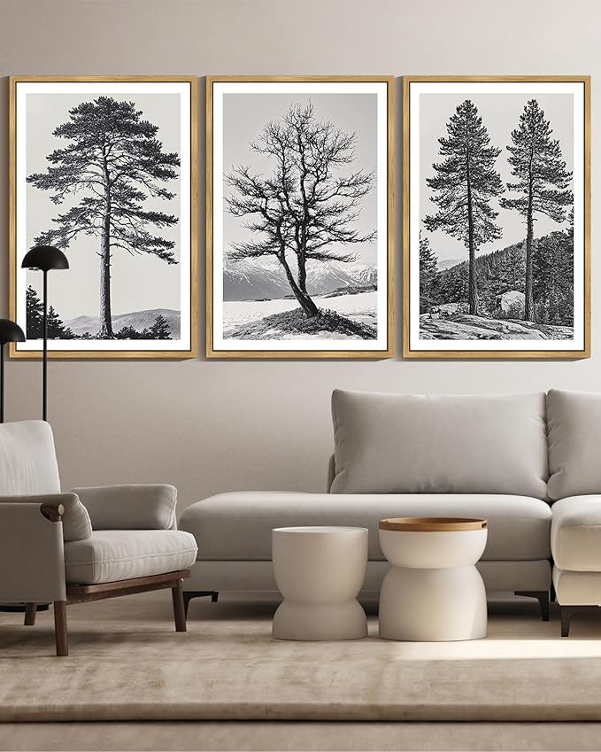 KUVIOKE Vintage Black Gray Forest Wall Art Framed Antique Retro Tree Prints Modern Rustic Artwork Bedroom Living Room Ready to Hang 24x36in (Natural Framed)