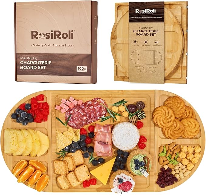Charcuterie Board and Serving Set -Natural Bamboo Cheese Board Snack Tray Set with Magnetic - House Warming Gifts New Home, Wedding Gift for Couple, Bridal Shower Gift, Perfect for Party