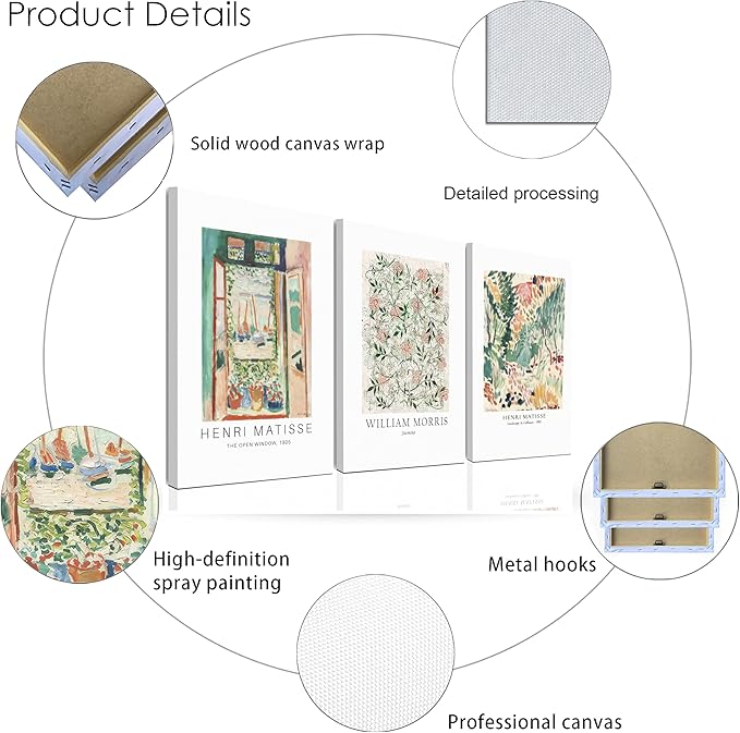 WRFON Sage Green Botanical Wall Art, Vintage Matisse Flower Market Wall Decor, Retro William Morris Floral Canvas Painting Prints for Gallery Wall, Living Room Bedroom Framed 12"x16"x3