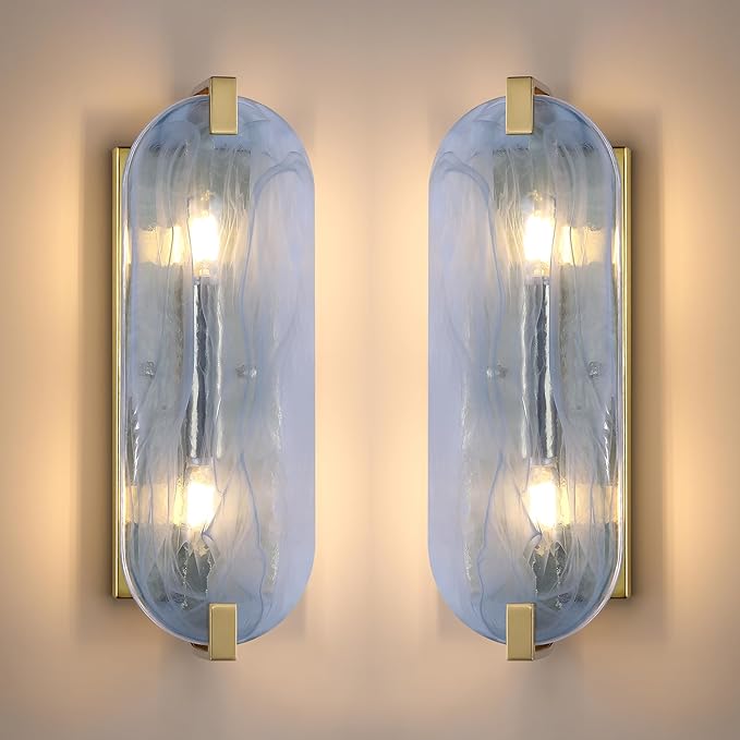 2 Pack 2 Light Oval Blue Glass Bathroom Wall Sconce Modern Concise Style Wall Light Fixture,Brushed Bronze Finish for Bedroom Hallway Bedside