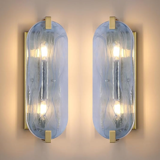 2 Pack 2 Light Oval Blue Glass Bathroom Wall Sconce Modern Concise Style Wall Light Fixture,Brushed Bronze Finish for Bedroom Hallway Bedside