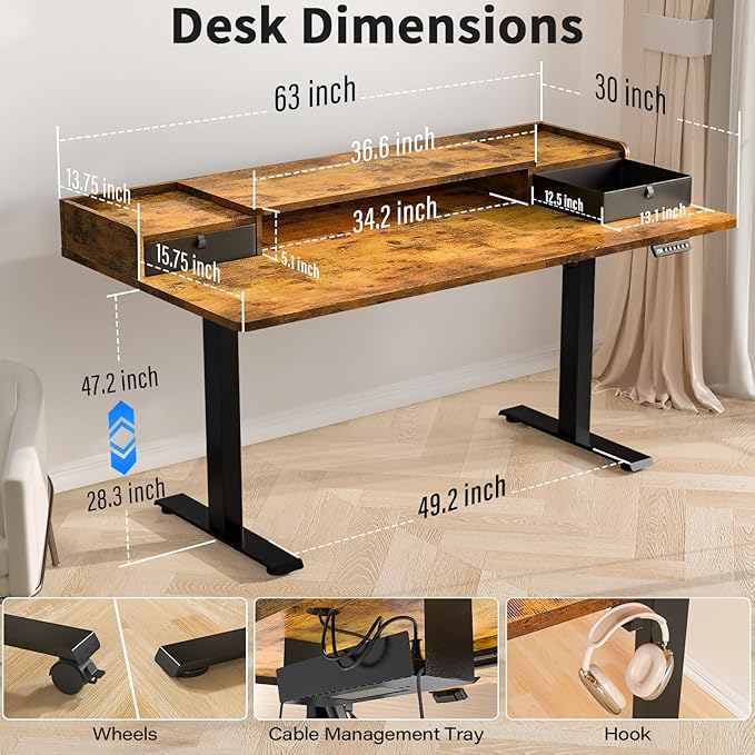 Kingant 63 x 30 Inch Standing Desk with Drawers, Adjustable Height Electric Sit Stand Desk with Storage Shelf, Rising Stand Up Computer Desk for Home Office Workstation, 3 Preset Heights