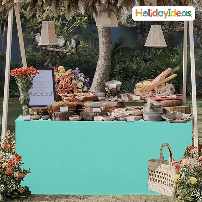HolidayIdeas Open Back Fitted Tableclothss for 4 Foot Rectangle Table, Wrinkle Resistant Washable Table Covers 24x48 Inch for Craft Fairs, Banquets, Trade Show Display, Aqua,4 Pcs