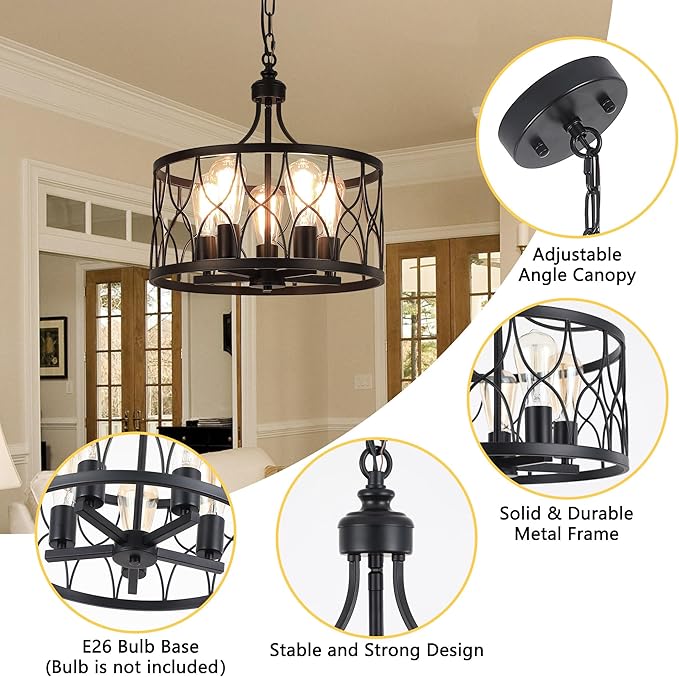 Black 15.74" Farmhouse Ceiling Light Fixture, Hight Adjustable, 5-Light Modern Industrial Metal Cage Pendant Lighting for Kitchen Island Dining Room Living Room and Entryway