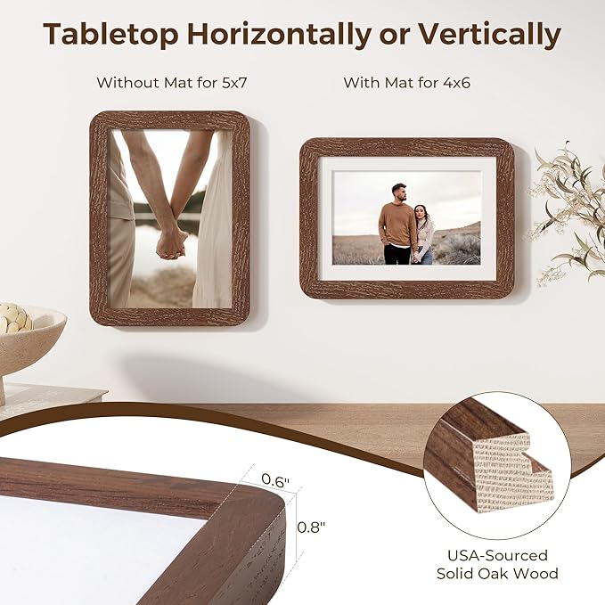 5x7 Picture Frames Set of 3, 5 by 7 Photo Frames for Wall & Tabletop Display, Solid Oak Wood Frames with Plexiglass, 5x7 Frame Matted to 4x6, Light Wood 5 x 7 Gallery Wall Frame Set, Walnut Color