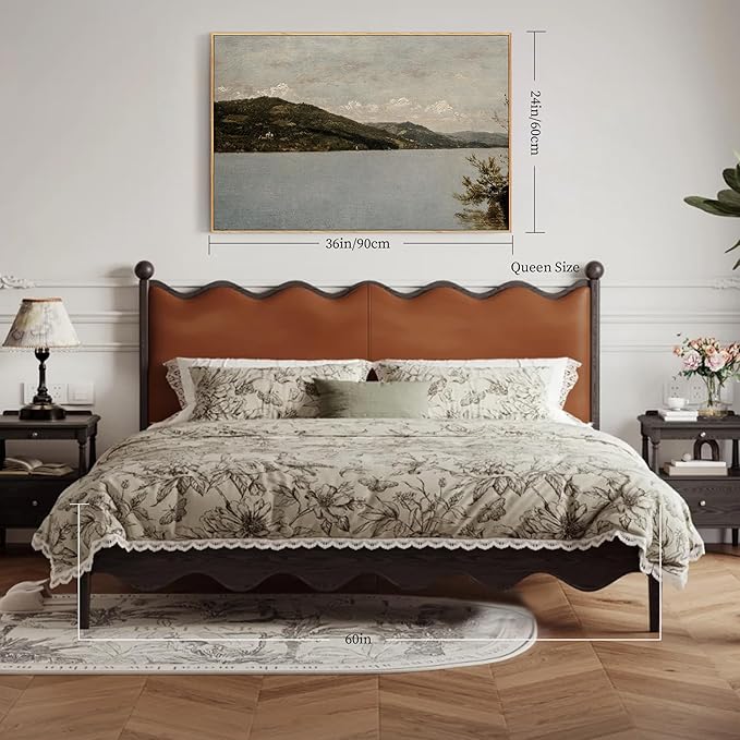 crmotu Framed Canvas Wall Art, Lake Landscape Vintage Large Artwork, Nature Scenery Retro Art Prints, Mountain River Moody Wall Painting for Living Room Bedroom Bathroom Office Decor Aesthetic 24x36in