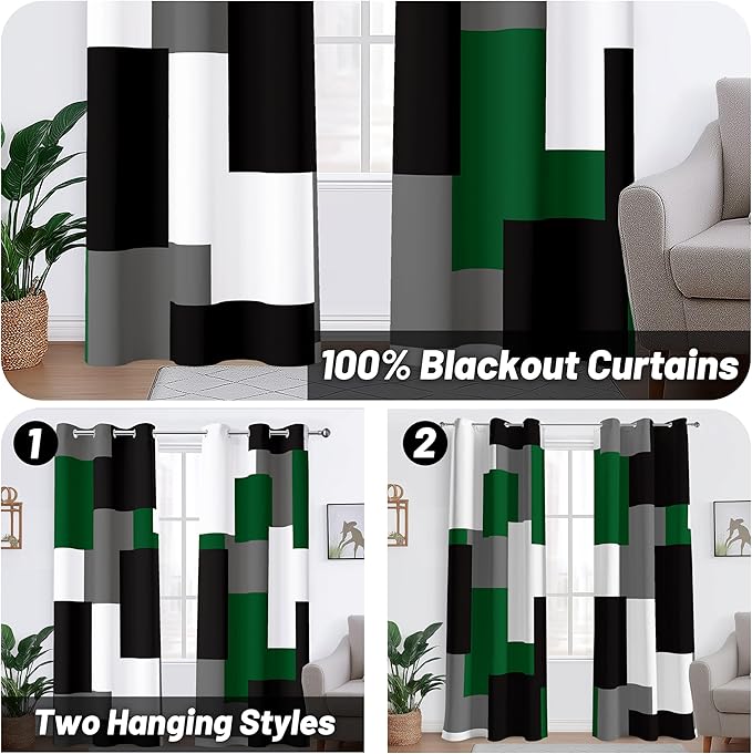 Green 100% Blackout Curtains for Bedroom 84 inch Length 2 Panels Set White Grey Modern Abstract Geometric Black Out Curtains Insulated Room Darkening Window Drapes for Living Room, 42Wx84L