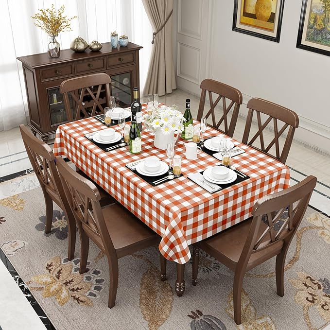 misaya Rectangle Waterproof Vinyl Table Cloth, Buffalo Flannel Backed Tablecloth, Wipeable Plastic Table Cover for Fall, Thanksgiving, (60" x 120", Rust and White)