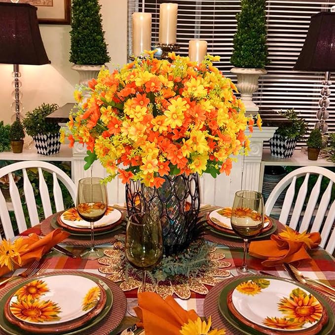 Uieke 12 Bundles Artificial Flowers for Outdoors UV Resistant Fake Daisy Mums Flowers Bulk No Fade Greenery Shrubs for Outside Home Wedding Window Box Garden Porch Fall Décor (Orange Yellow)