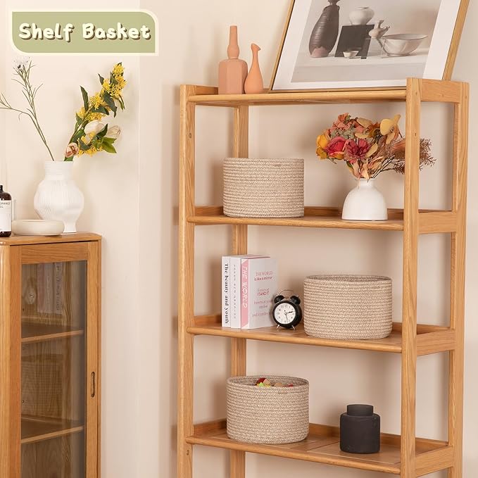 OIAHOMY Small Storage Baskets for Organizing,Closet Cube Shelf Storage, 9.8”×9.8”×7.1”, Woven Cotton Rope Gift Baskets for Nursery,Cute Dog Toy bins, Round 3 Packs, Brown