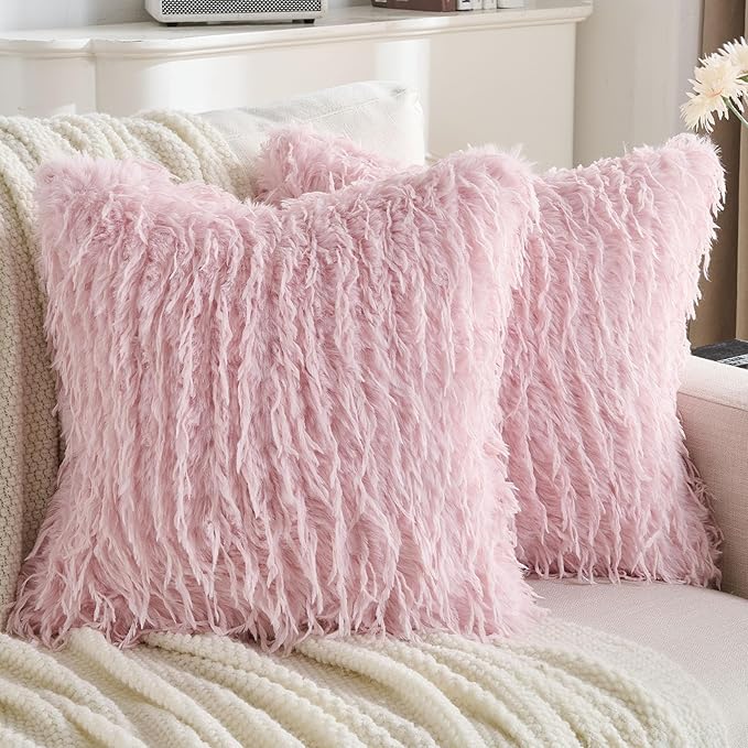FUTEI Pink Decorative Throw Pillow Covers 16x16 Inch Set of 2,Soft Fluffy Faux Feather Texture Cushion Cases,Modern Home Luxury Decor for Couch Bed Living Room