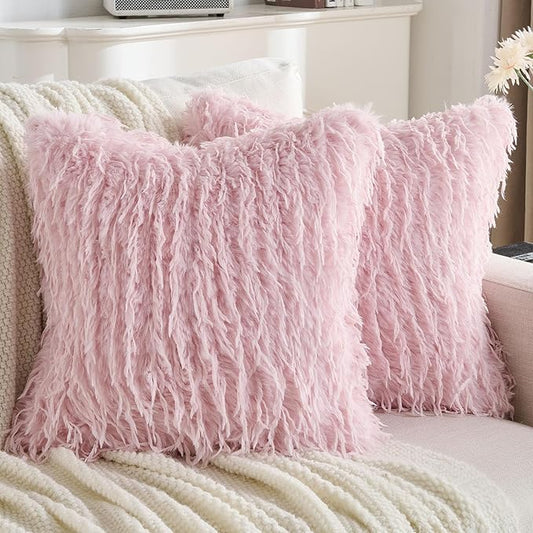 FUTEI Pink Decorative Throw Pillow Covers 22x22 Inch Set of 2,Soft Fluffy Faux Feather Texture Cushion Cases,Modern Home Luxury Decor for Couch Bed Living Room