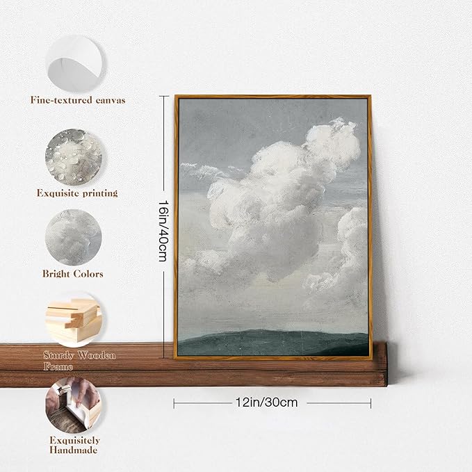 crmotu Vintage Framed Wall Art, Blue Sky White Cloud Canvas Prints, Nature Landscape Aesthetic Decor Pictures, Minimalist Retro Wall Paintings for Living Room Bathroom Bedroom Kitchen Desktop 12x16in