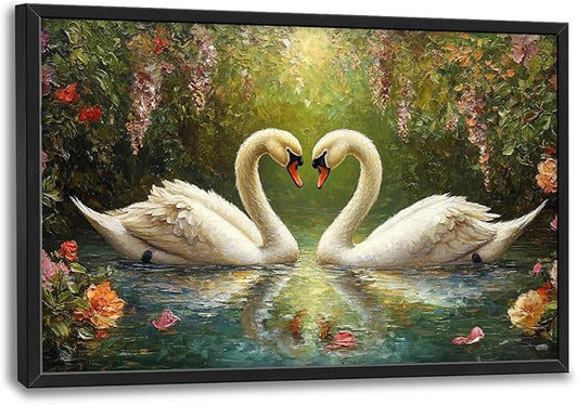 Swans Framed Wall Art for Living Room, Large Lake Loving Swans Canvas Wall Decor, Country Animal Pictures Painting, Natural Landscape Modern Artwork for Bathroom Bedroom 36L'' × 24W''