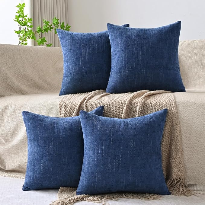 Set of 4 Soft Textured Decorative Throw Pillow Covers 18x18 Inch Cozy Farmhouse Cushion Cover Square Accent Pillow Cases for Bed Couch Sofa Living Room, Blue