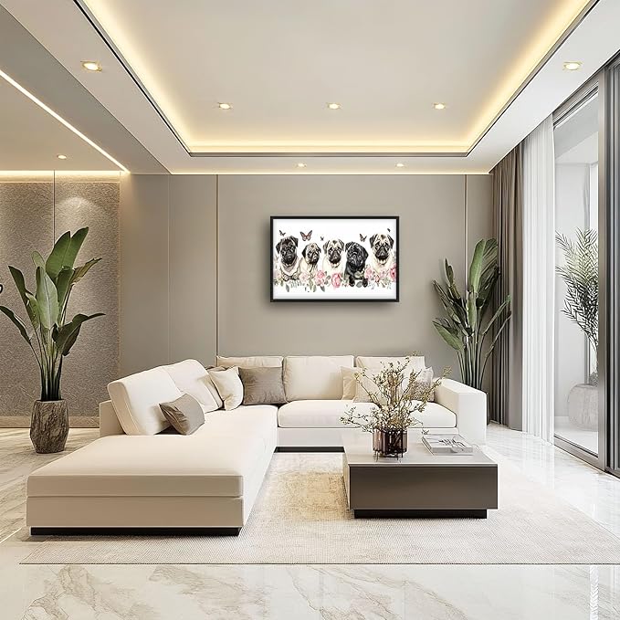 Flintis Large Pug Wall Art Dog Butterfly Pictures Wall Decor Abstract Animal Canvas Painting Print Artwork Decoration Framed for Living Room Bathroom Master Bedroom Office Dining Room 36L x 24W