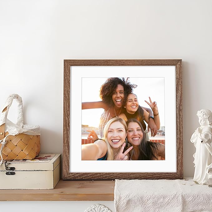 Fun Memories 10x10 Picture Frames, Square Frame 10 by 10 with Mat for 8 by 8, Rustic Oak Wood Frame 10"x10", 10 x 10 Wood Frame Set of 4, Minimalist 10x10 Photo Frames, Walnut Color