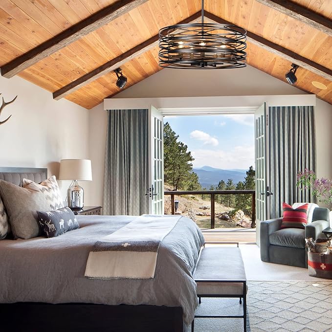 19.7'' Farmhouse Dining Room Light Fixture, 5-Light Metal Drum Chandelier, Black with Retro Wood Texture Interior