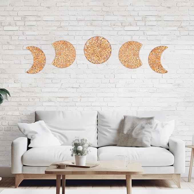 PEMAR Woven Moon Phase Wall Decor - 5-Piece Set of Natural Water Hyacinth Art for Boho & Rustic Homes
