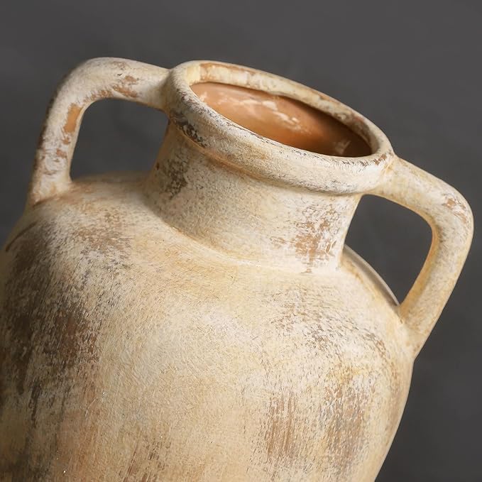 Large Ceramic Flower Vase,11.41 inch Tall Terracotta Farmhouse Rustic Vase with 2 Handles for Home Decor, Living Room Shelf Decor, Enterway, Wedding, Table Decoration