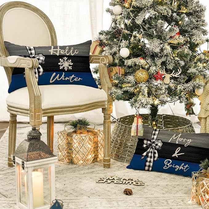 AVOIN colorlife Merry Christmas Joy Xmas Trees Blue and Black Throw Pillow Covers, 12 x 20 Inch Christmas Winter Holiday Cushion Case Decoration for Sofa Couch Set of 4
