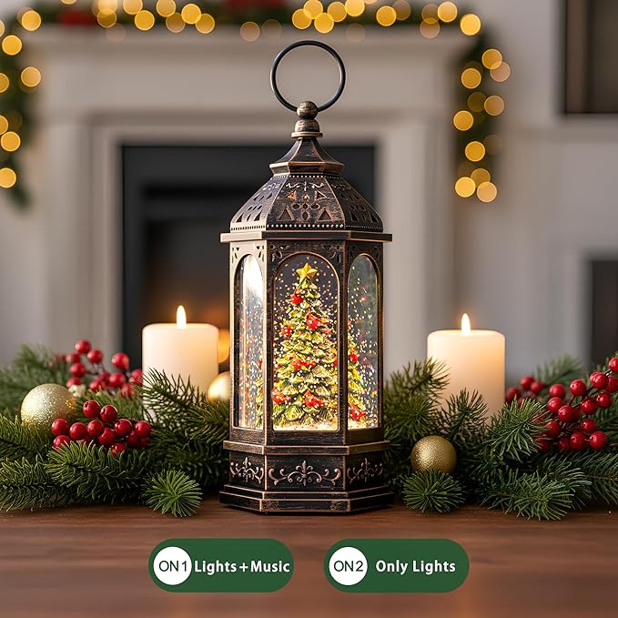 Christmas Snow Globe Lantern Water Glittering Christmas Tree with Cardinal, USB Lined/Battery Operated Lighted Lantern for Christmas Festival Decoration Gifts