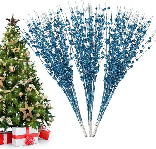 Christmas Artificial Glitter Berry Stem Decorations Decorative Bead Sticks Xmas Picks Glittery Twigs Branches for Christmas Tree Wreath Gift Vase Home Decor Party Ornaments Blue 24 PCS