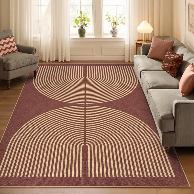 Lahome Modern Rainbow Easy Jute Outdoor Rug 5x7, Stain Resistant Red Dining Room Patio Rug, Farmhouse Non Slip Non Shedding Indoor Outdoor Carpet for Living Room Home Office Bedroom Deck Backyard