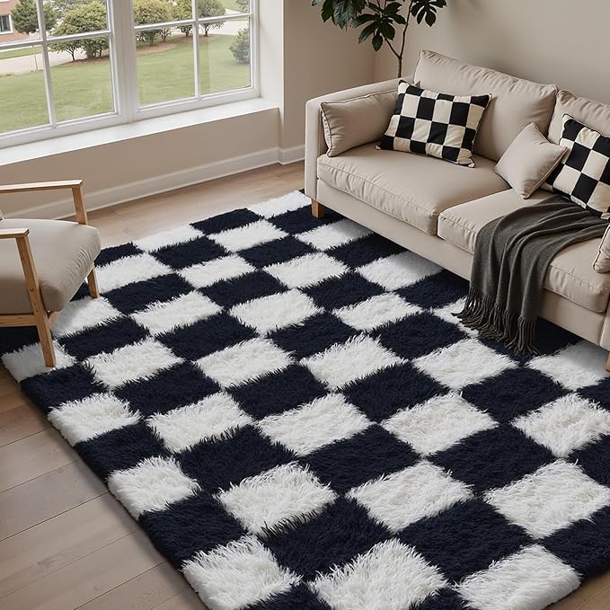 Checkered Rug 5x8 for Living Room, Black and White Modern Shag Rug Super Soft Washable Indoor Fuzzy Carpet Non-Slip Fluffy Rugs for Bedroom Home Aesthetic Decor
