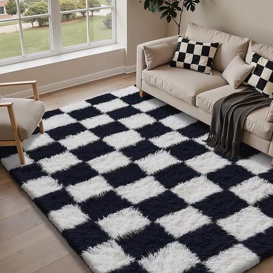 Checkered Rug 5x8 for Living Room, Black and White Modern Shag Rug Super Soft Washable Indoor Fuzzy Carpet Non-Slip Fluffy Rugs for Bedroom Home Aesthetic Decor