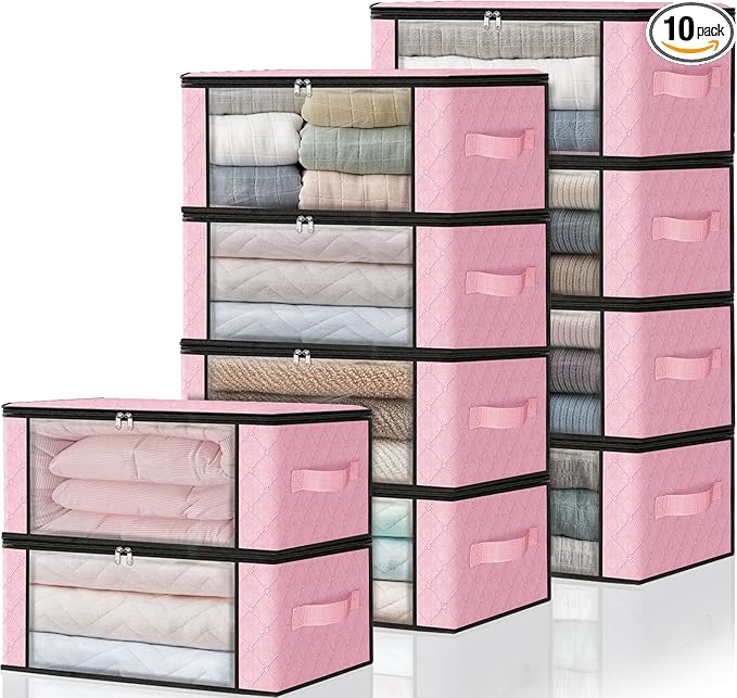 HomeHacks Storage 10-Pack Clothes Organizer Storage Bags Foldable Storage Box with Large Clear Window Sturdy Handles for Closet, Dorm, Pillows, Bedding, Clothes, Blankets, 35L, Pink