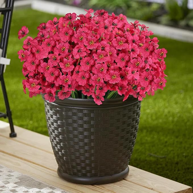 24 Bundles Artificial Flowers for Outdoors, Realistic Fake Silk Flowers for Outside Decoration, No Fade Faux Plants Outdoor Planter Window Box Porch Patio Decor(Rosy red)