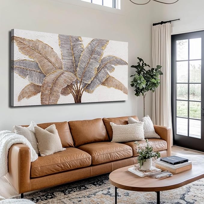 White and Gold Canvas Wall Decor Textured Wall Art Leaves Artwork for Living Room Office Contemporary Art Plant Picture for Home 29x58 Inch
