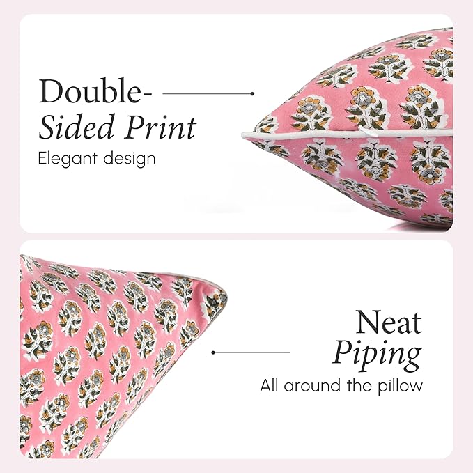 CPC 100% Cotton Throw Pillow Covers 24x24 Inch, Set of 2 Green Block Print Pattern Couch Pillow, Cute Boho Decorative Pillows for Living Room, Bedroom with Hidden Zipper- Poppy Pink