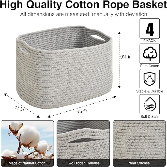 Storage Baskets for Organizing & Shelves, Woven Cotton Rope Organization Bins for Dog Toys, Clothes, Books, Nursery Organizer, 15" Lx11 Wx9.5 H, (4 Packs) Grey