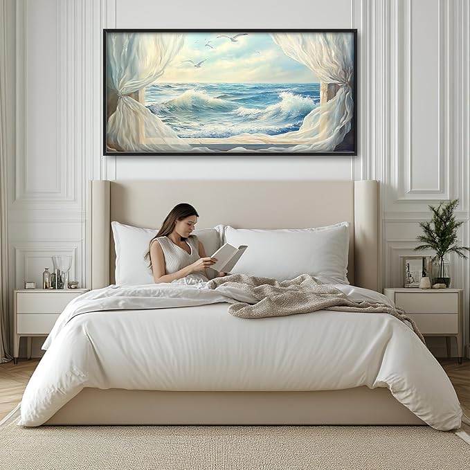 Beach Seagull Wall Art for Living Room, Large Coastal Canvas Wall Decor, Window Curtains Pictures Framed Painting, Landscape Artwork for Bedroom Office Home Decor 60L'' × 30W''
