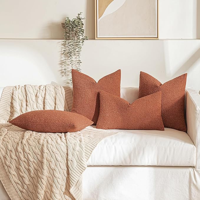 MIULEE Fall 12x20 Inch Decorative Lumbar Throw Pillows for Bed Set of 2 Textured Boucle Neutral Throw Pillow Covers Burnt Orange Accent Solid Pillowcase Cozy Soft Sofa Livingroom Home Decor