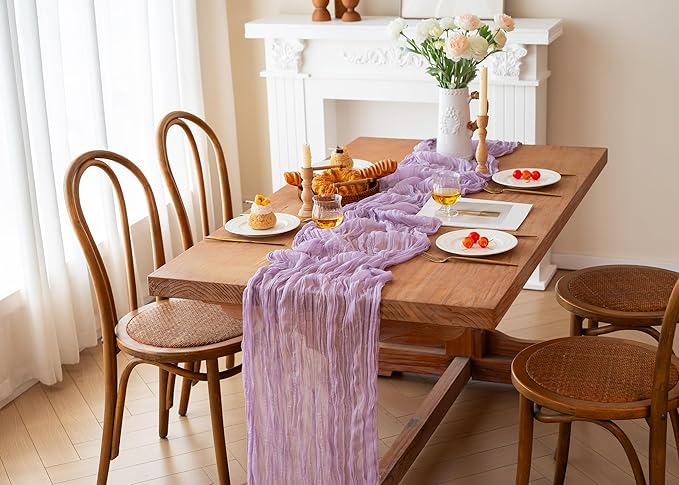 FEXIA 4 Pack Lilac Table Runner 35x120 Inches for Baby Shower Decoration Gauze Rustic Table Runner for Wedding Party First Communion Centerpiece Engagement Bridal Shower Boho Decoration