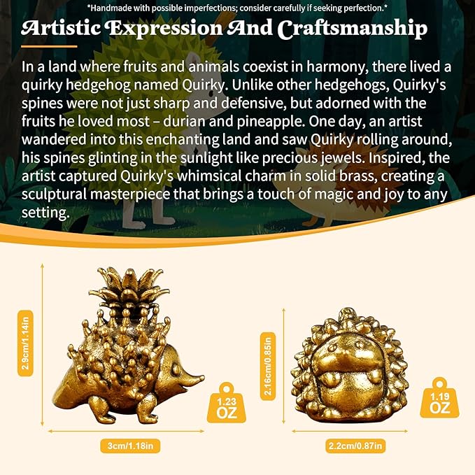 Retro Handcrafted Quirky Hedgehog Ornament - 100% Solid Brass Durian Hedgehog Sculpture | Vintage Style Collectible Art Piece for Home & Office | Unique Gift for Animal Lovers & Food Enthusiasts